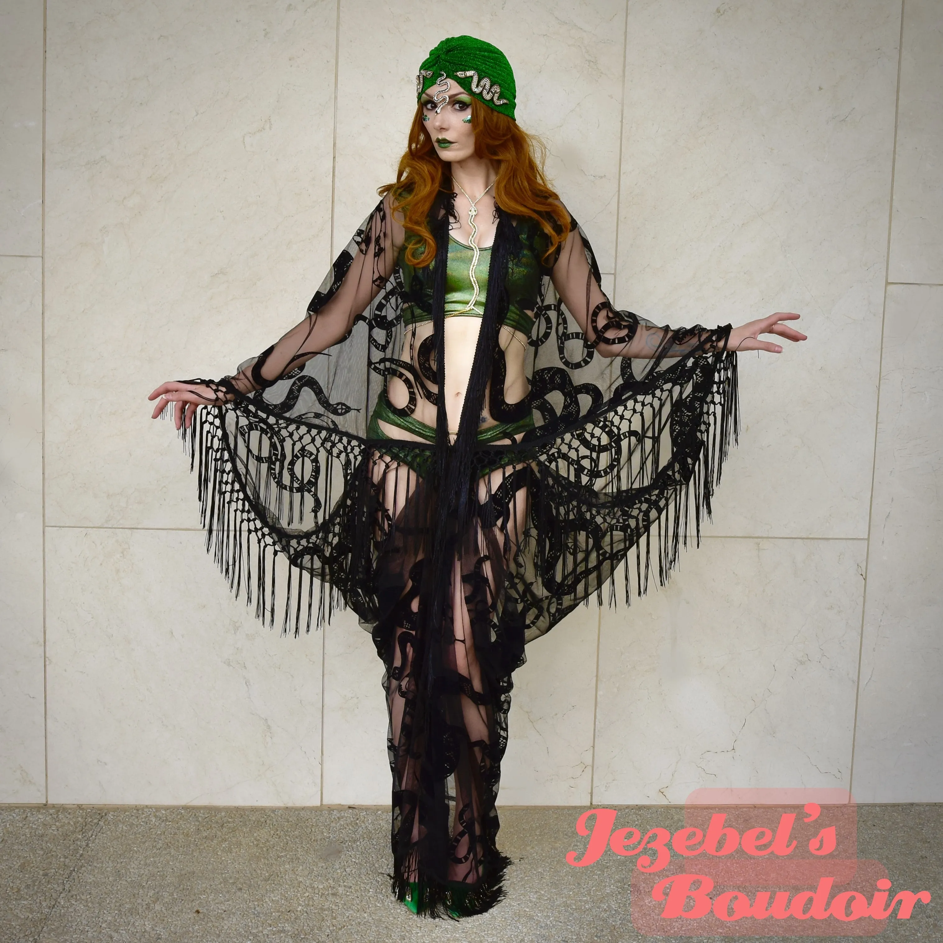 Sheer Mystical Snake Kimono, Fringe Burn Out Velvet Witchy Duster, Gothic Fortune Teller Bohemian Oracle Costume, Festival Goddess Bat Wing Cocoon Robe Dark Deco Black Poiret Serpent Queen Burlesque Occult Gothic Romantic Priestess