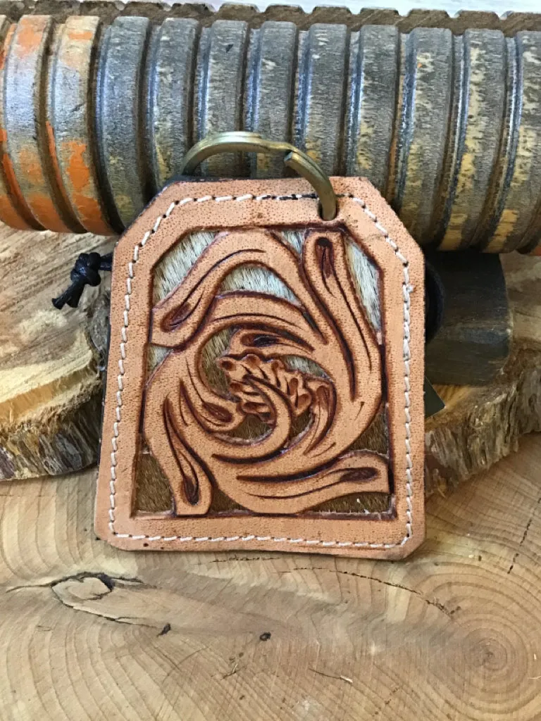 Tooled Leather Cowhide Keychain