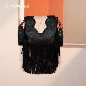 TR187-8360  Trinity Ranch Genuine Hair-On Cowhide Tooled Fringe  Crossbody Bag- Black