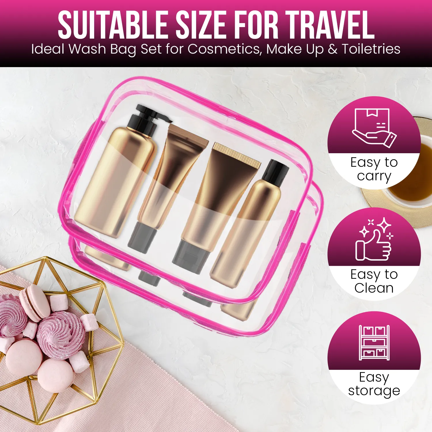 Transparent Travel Bags Set - Pink or Black