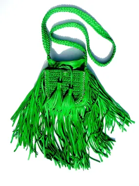 Tricot Woven Leather Crossbody Hobo Drawstring Bag with Fringe