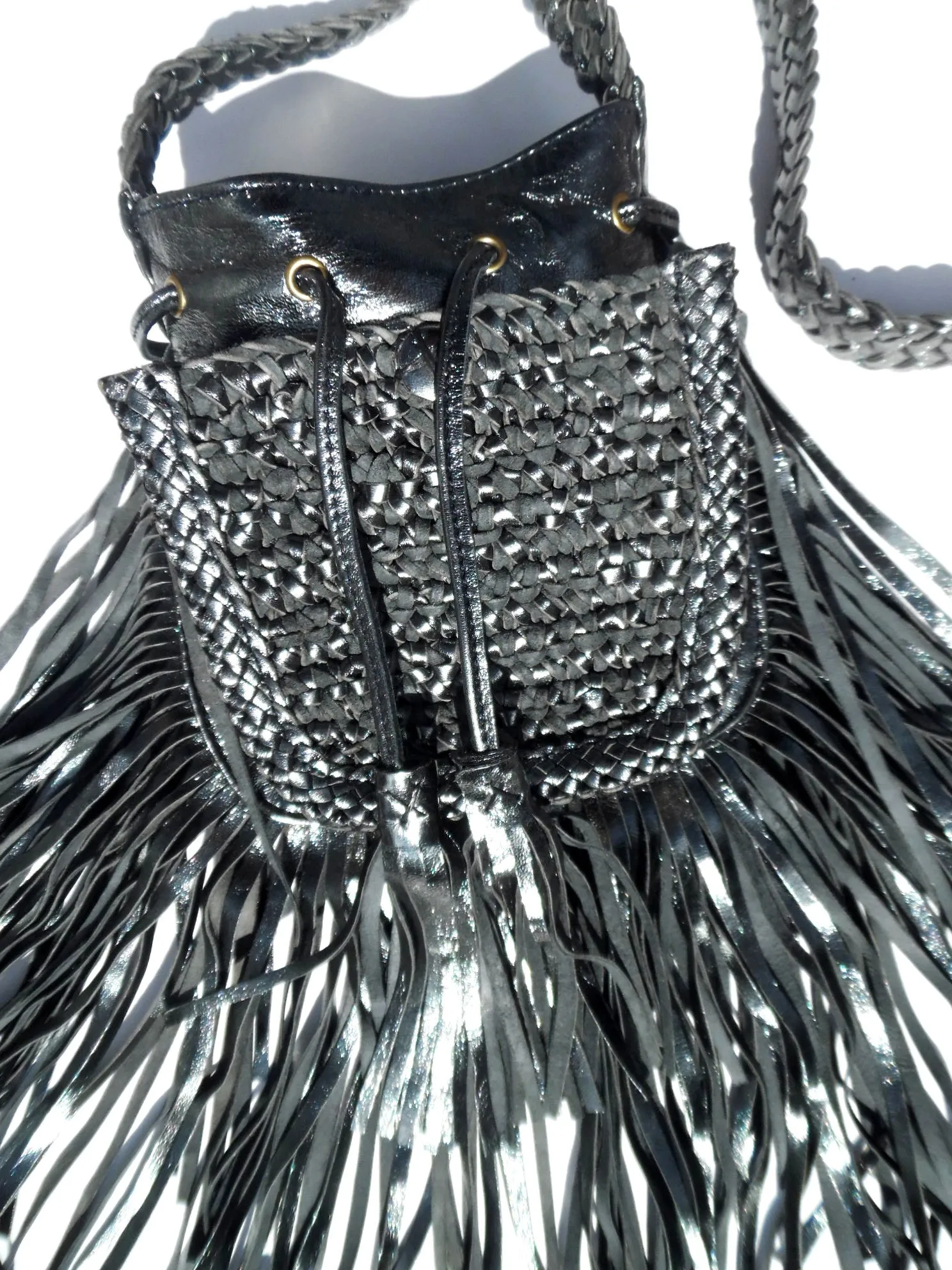 Tricot Woven Leather Crossbody Hobo Drawstring Bag with Fringe