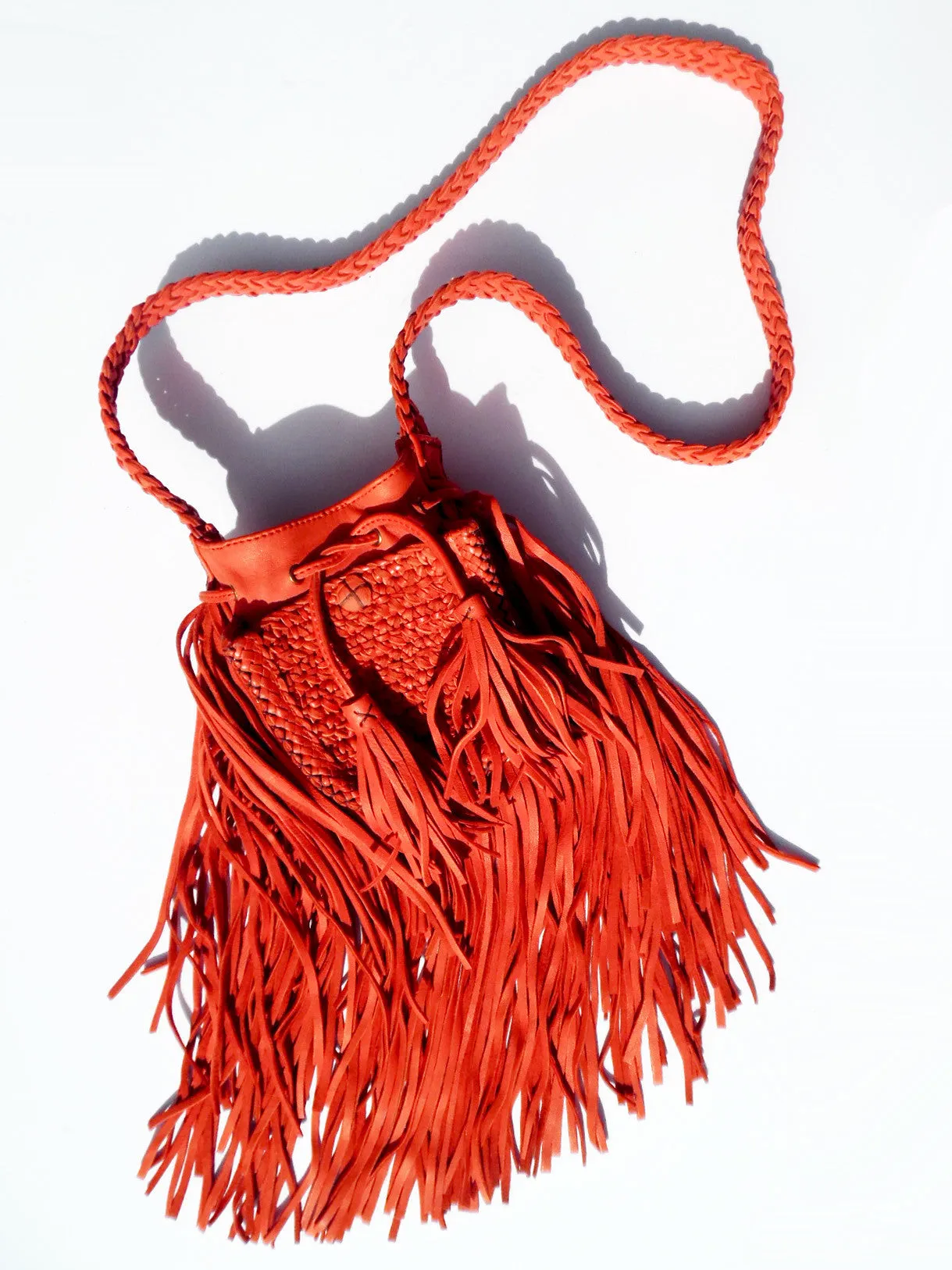 Tricot Woven Leather Crossbody Hobo Drawstring Bag with Fringe