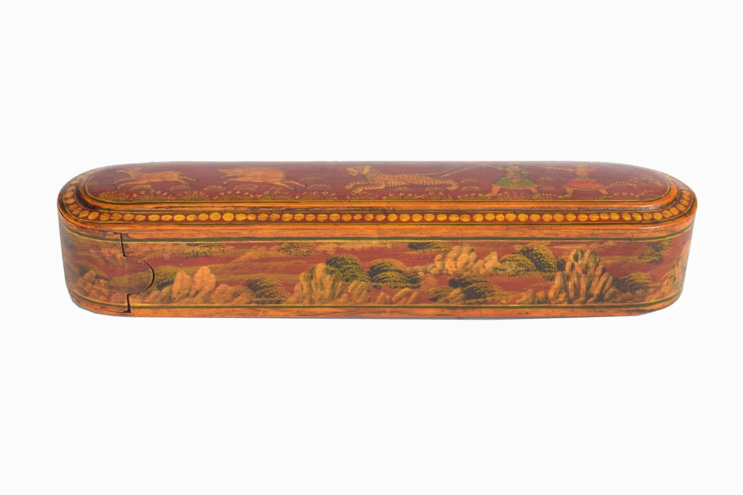 VINTAGE INDIAN WOODEN PENCIL CASE, HAND PAINTED