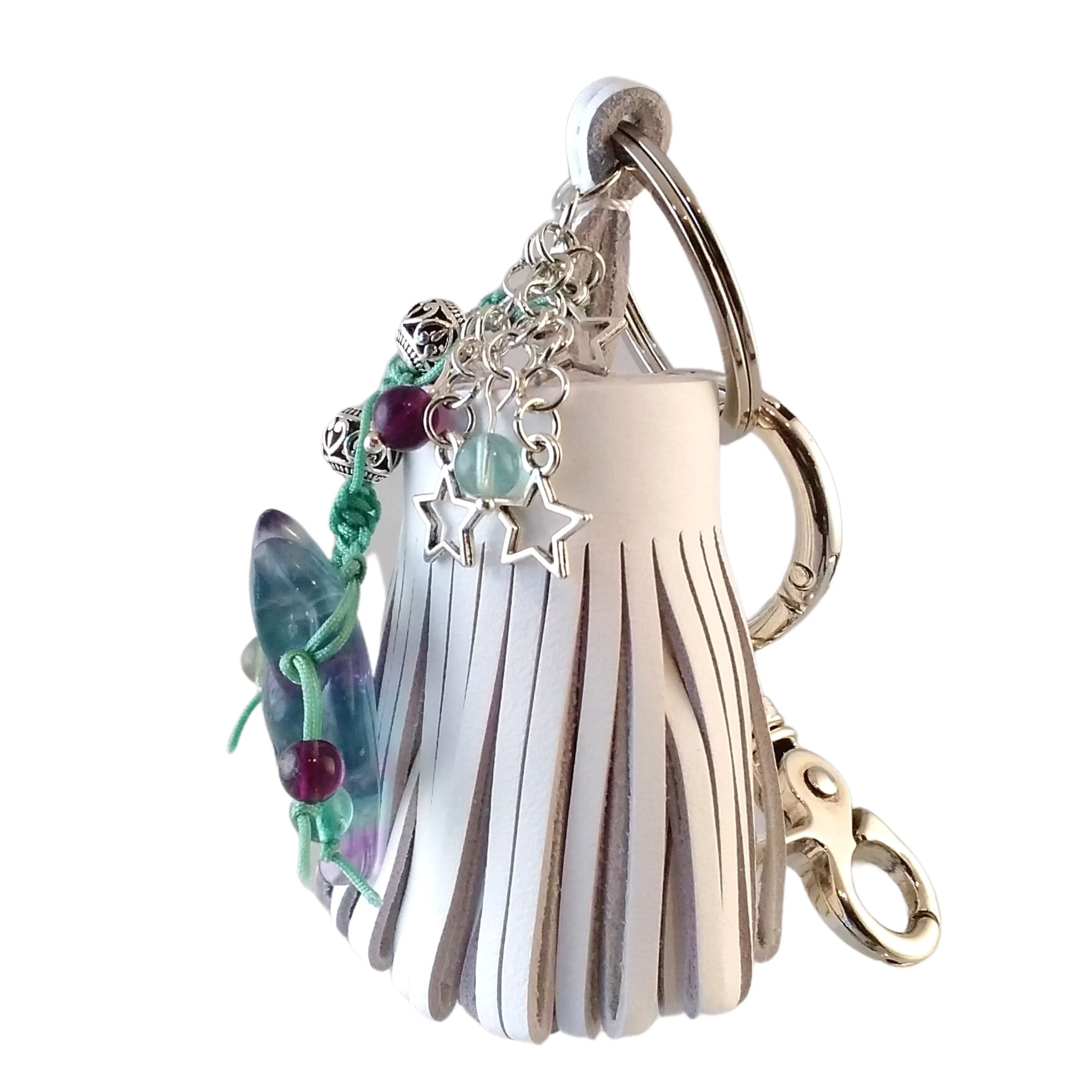 Wolf Keychain White Leather Tassel Fluorite Bag Charm