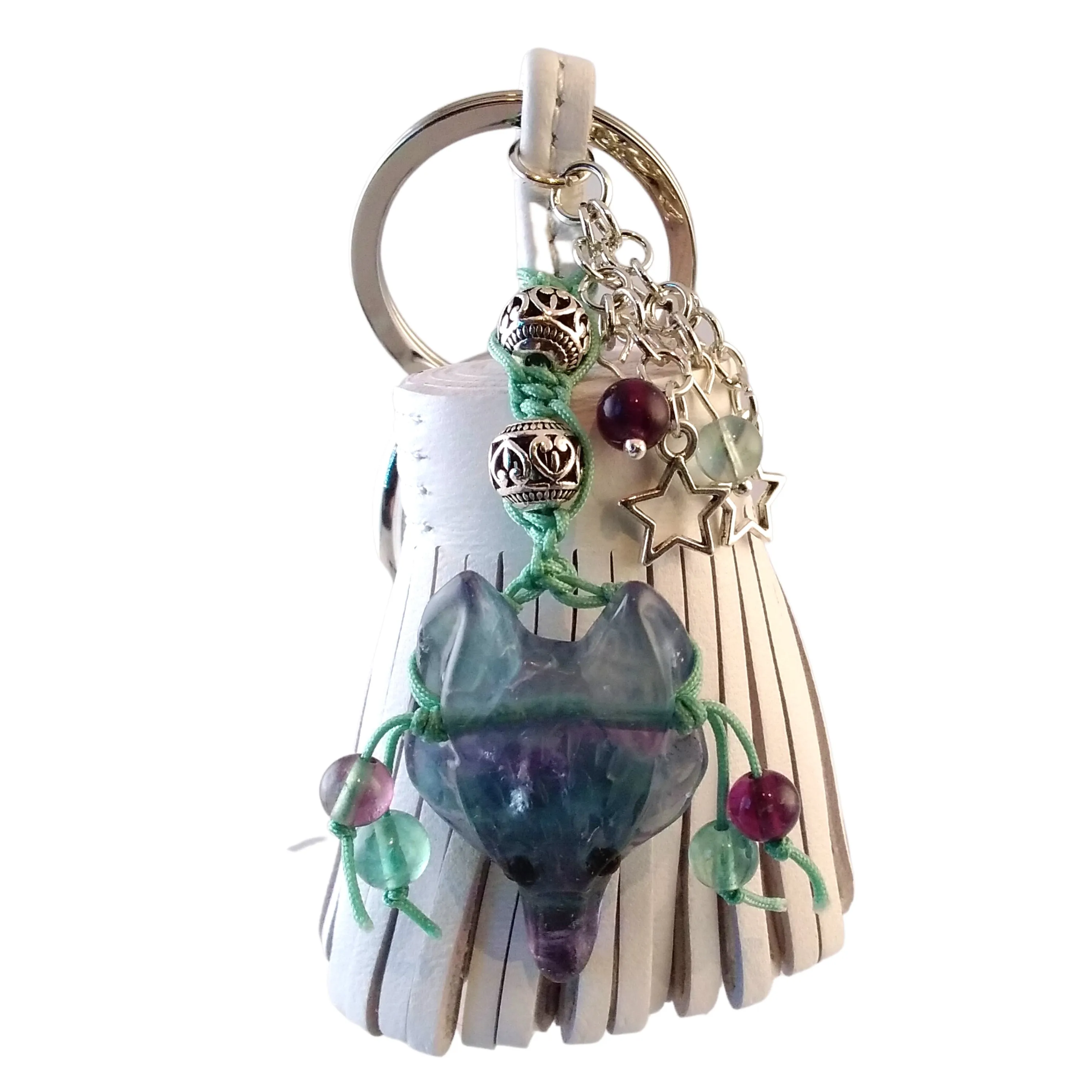 Wolf Keychain White Leather Tassel Fluorite Bag Charm