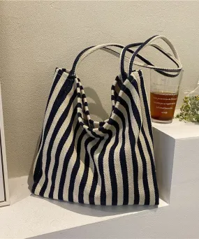 Women Blue Striped High-capacity Cozy Canvas Satchel Handbag