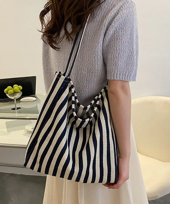 Women Blue Striped High-capacity Cozy Canvas Satchel Handbag