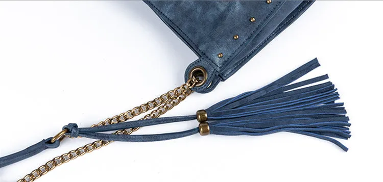 Womens Blue Vegan Leather Casual Handbags With Fringe Ladies Shoulder Bag