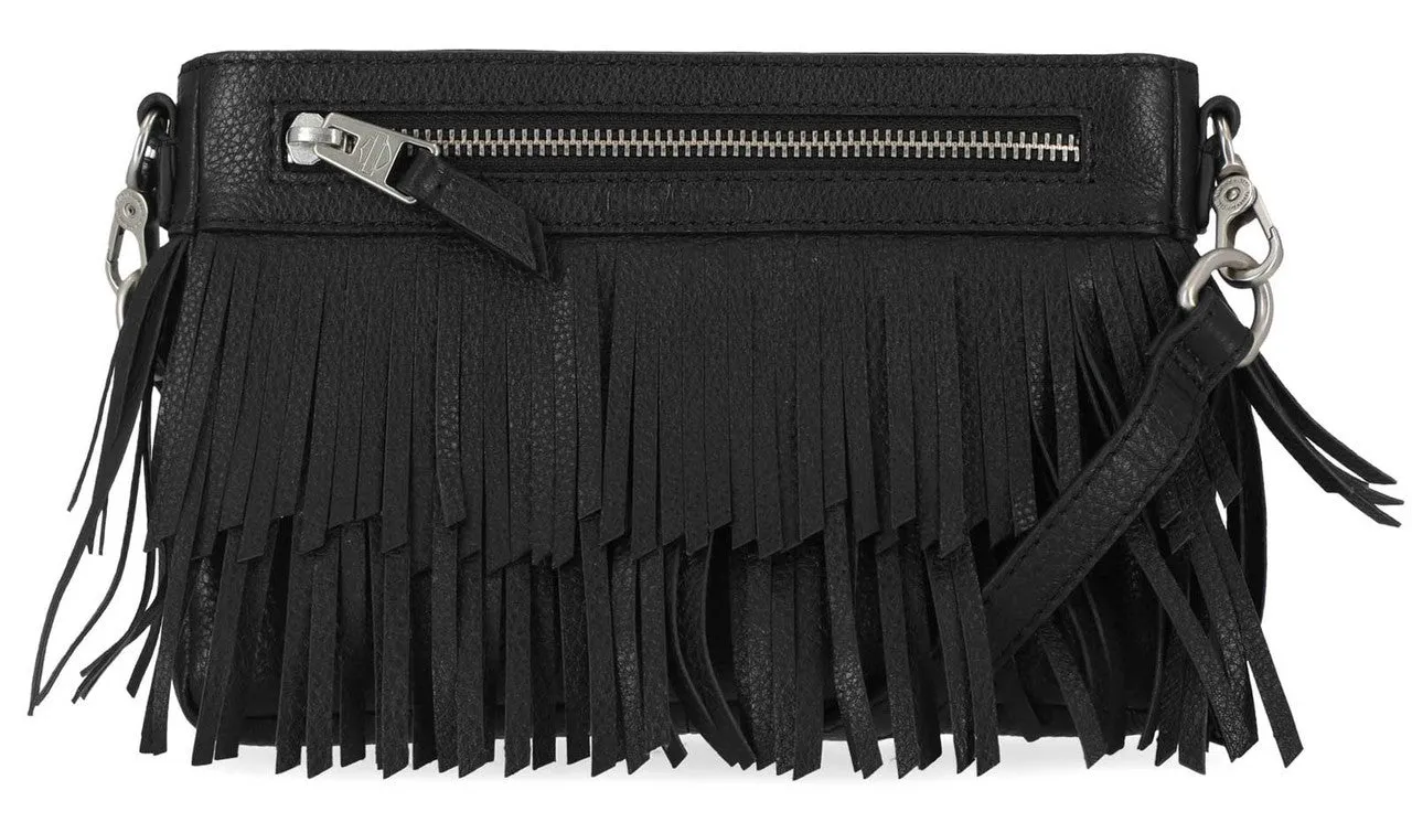 Women's Fringe Zippered Leather Hip Bag - Black